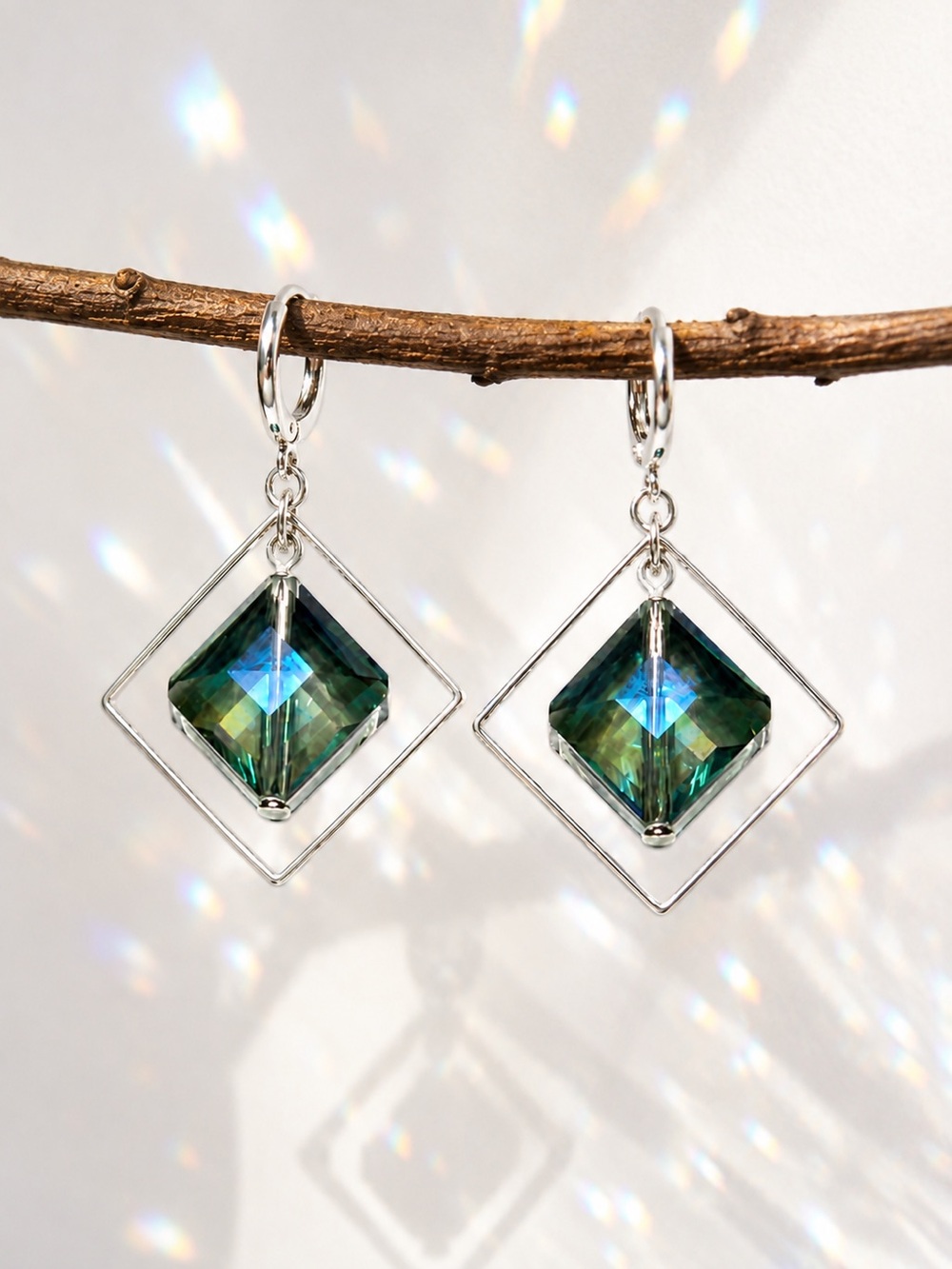 Title: Aurora Crystal Frame Earrings Blue AB Silver Leverbacks